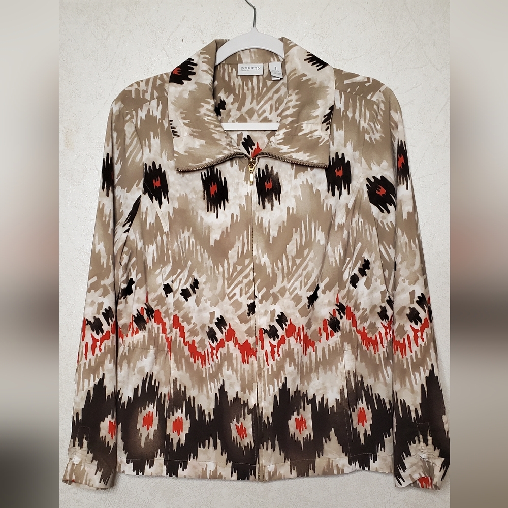 ZENERGY By Chico's Stylish Beige and Red Patterned Blouse